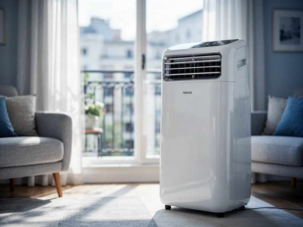 Nowoczesny, biały klimatyzator przenośny ustawiony w jasnym salonie w bloku, zapewniający komfort w upalne dni.