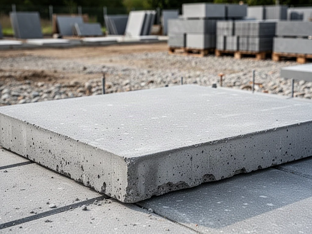 Szara betonowa płyta chodnikowa o fakturowanej powierzchni, ułożona na placu budowy wśród stosów materiałów budowlanych.