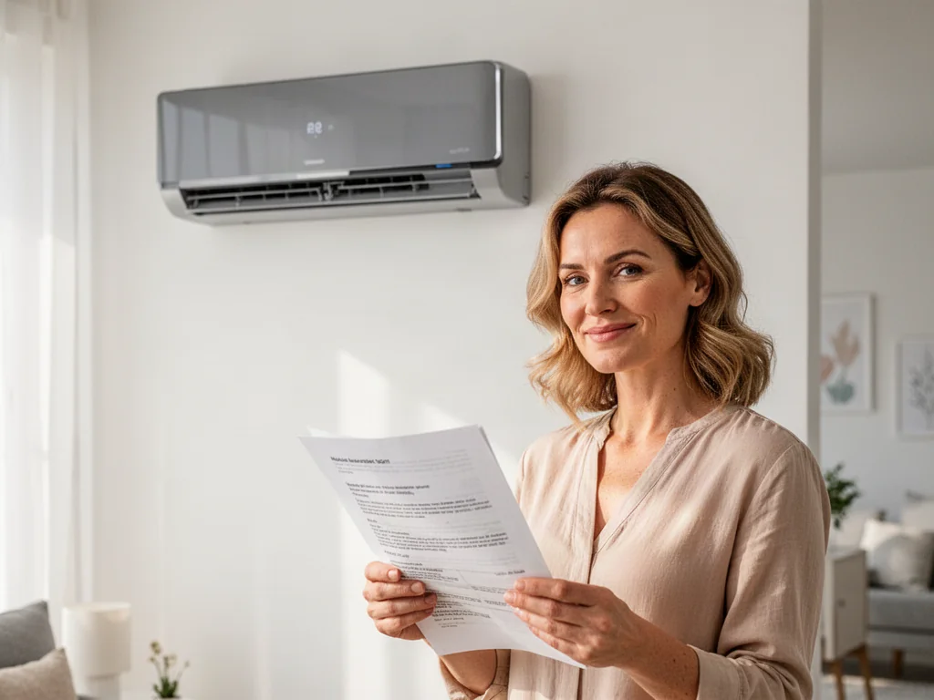 Zadowolona kobieta trzyma dokument obok nowoczesnego klimatyzatora zamontowanego na ścianie w jasnym mieszkaniu.
