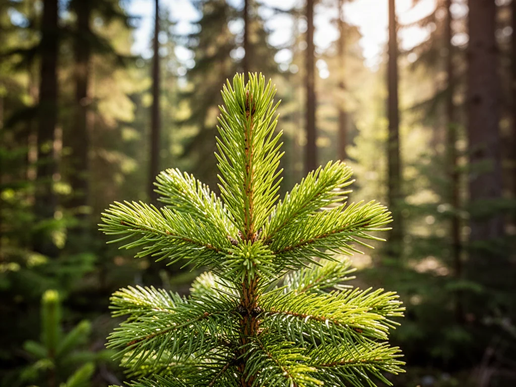Młoda sadzonka świerka z jasnymi przyrostami na tle słonecznego, iglastego lasu.