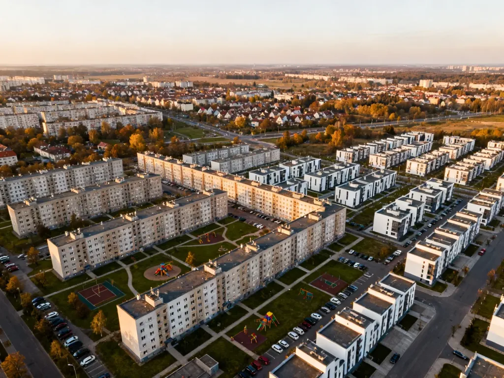 Panorama łódzkiego osiedla mieszkaniowego o zachodzie słońca, z blokami, zielenią i placami zabaw, no text on the picture